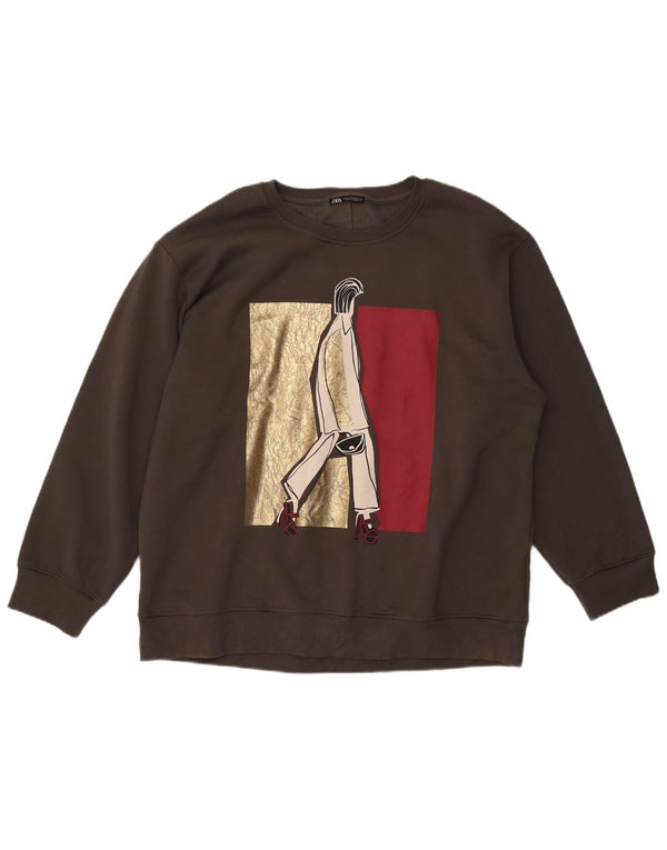 Zara moletom feminino gráfico oversized jumper UK 18 XL algodão cáqui