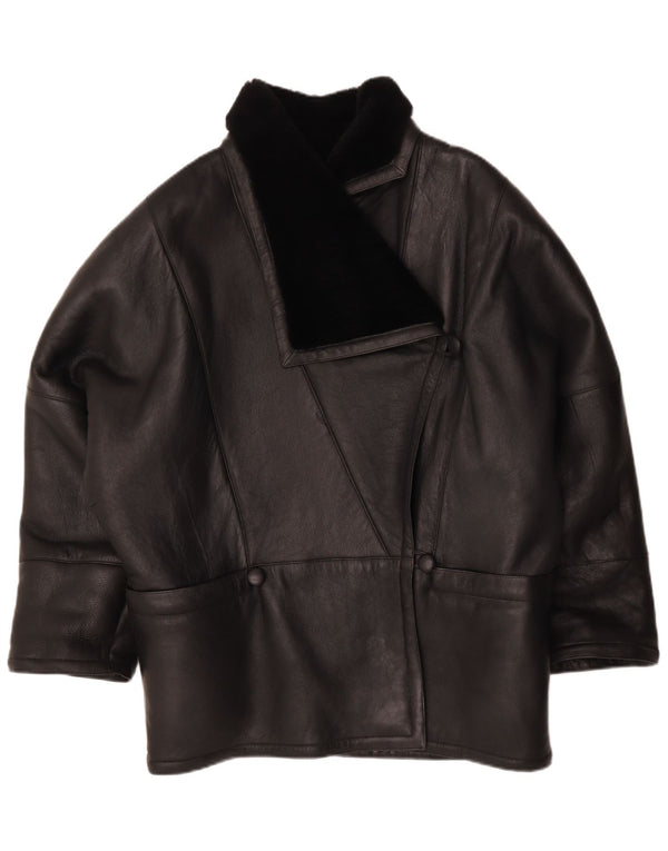 Jaqueta feminina vintage de shearling de grandes dimensões IT 44 couro preto médio