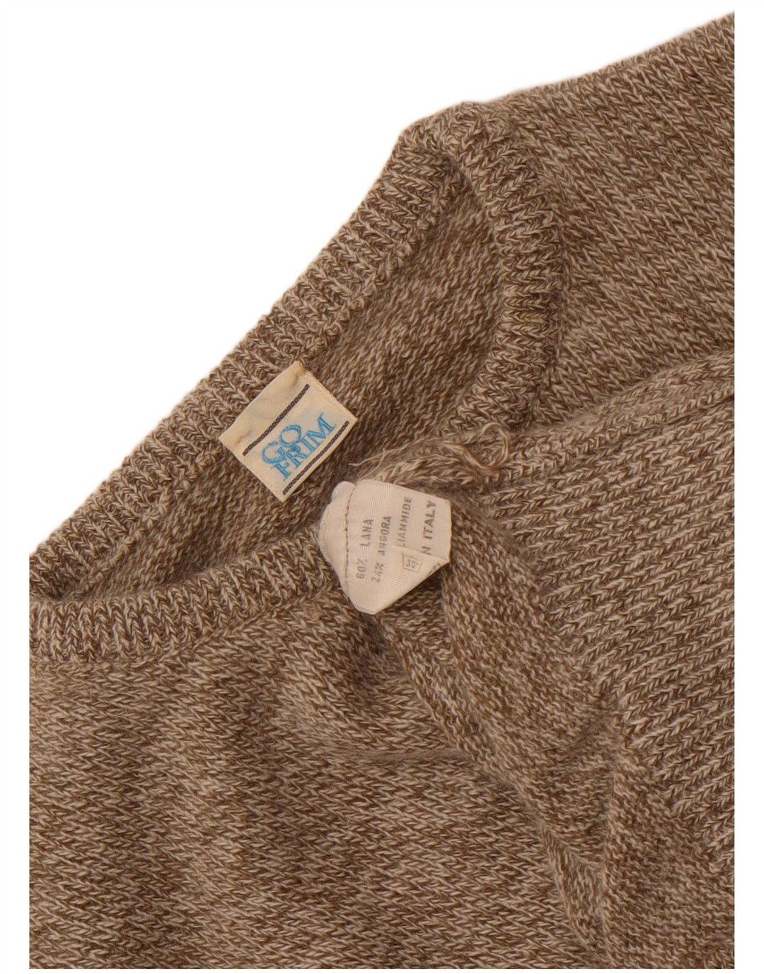 Suéter feminino vintage com gola redonda Reino Unido 14 lã marrom médio