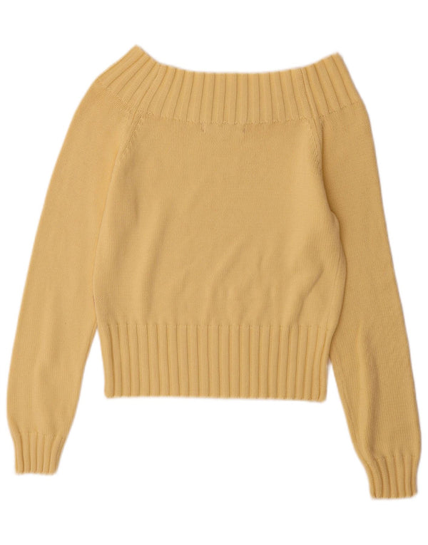 Suéter feminino vintage sem ombro Reino Unido 12 algodão amarelo médio