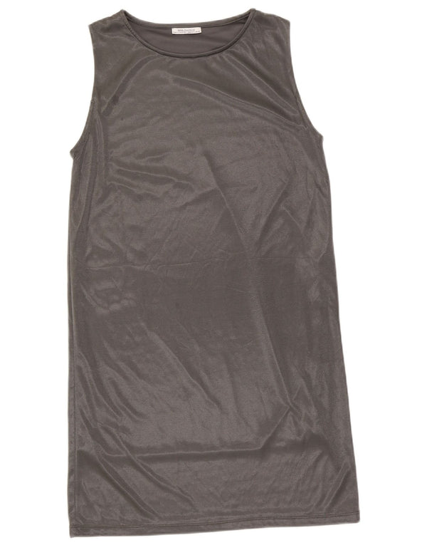 Vestido feminino sem mangas Zara UK 14 grande poliéster prateado