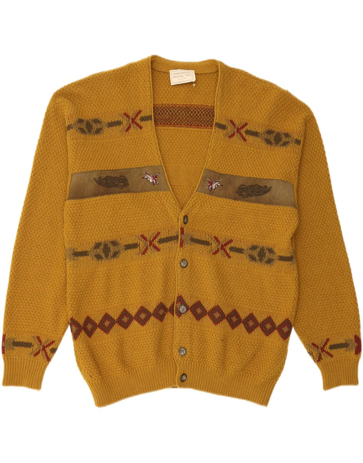 Suéter cardigã masculino vintage IT 50 lã geométrica amarela média