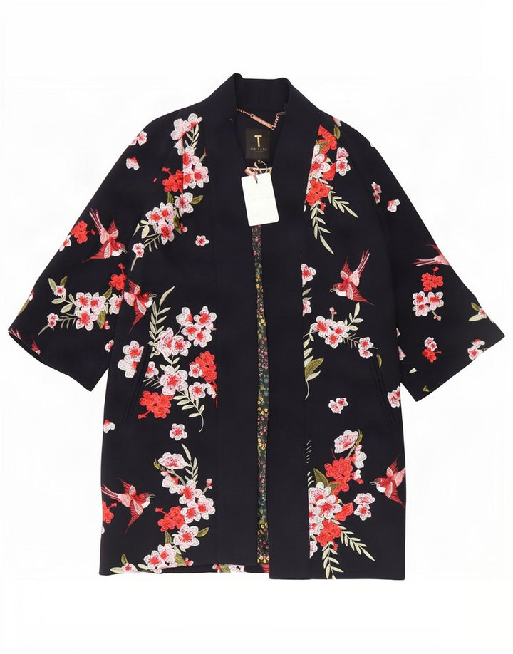 Sobretudo feminino Ted Baker manga 3/4 grande Reino Unido 10 pequeno azul marinho floral