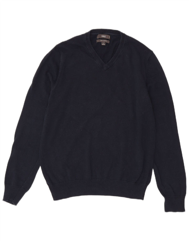 Suéter masculino Marks & Spencer com decote em V, algodão azul marinho médio