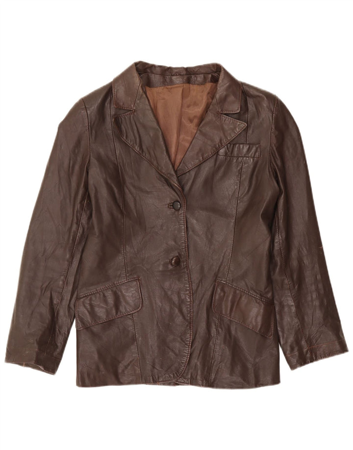 Jaqueta blazer feminina vintage de couro com 2 botões Reino Unido 12 marrom médio
