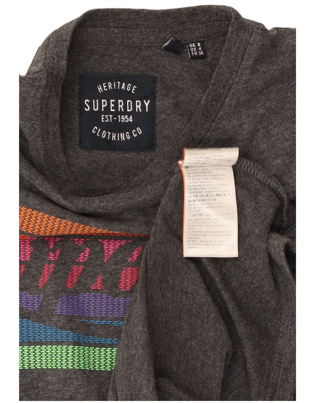 Camiseta feminina SUPERDRY Heritage Graphic UK 8 algodão cinza pequeno