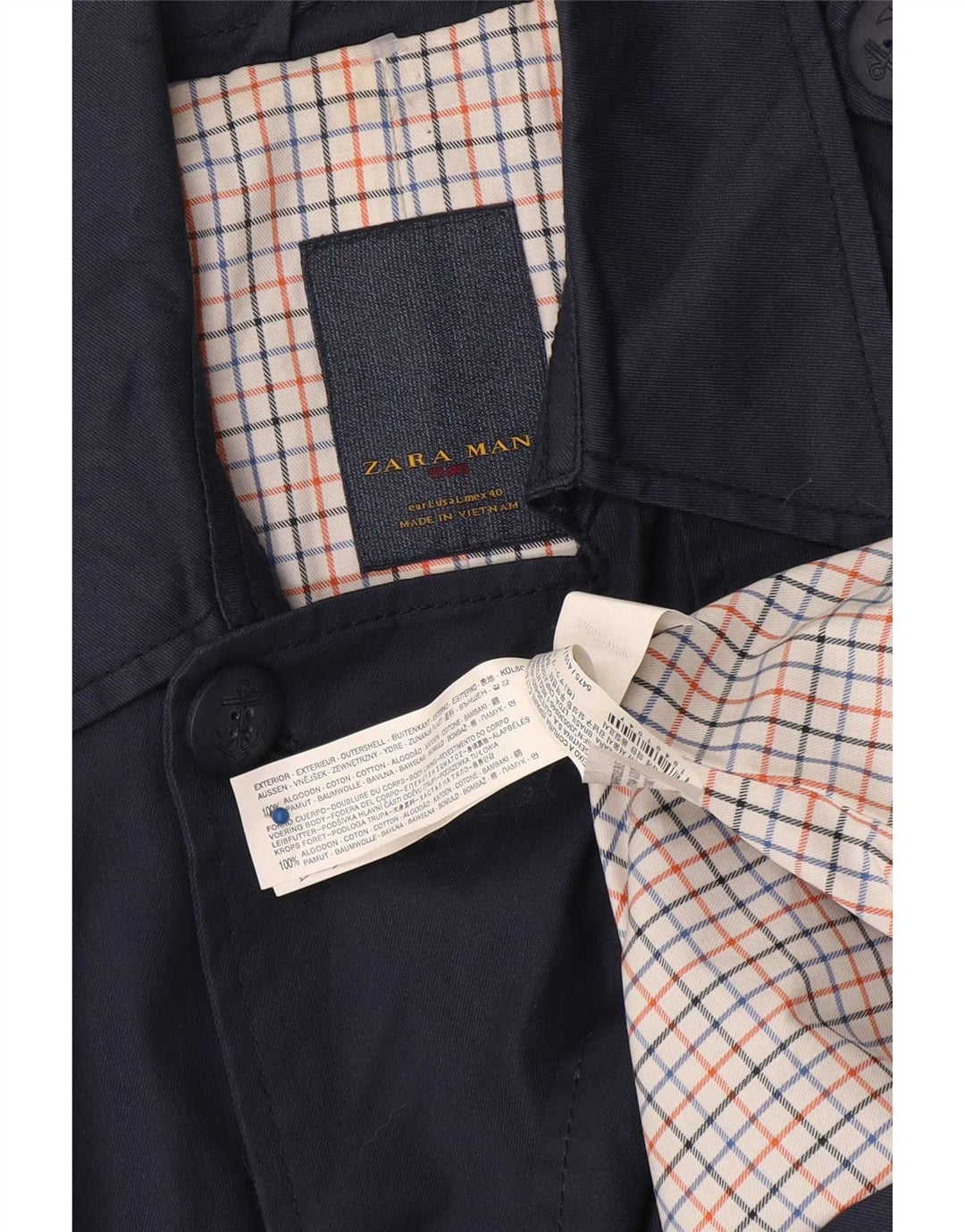 Zara Mens Trench Coat UK 40 Grande Algodão Azul Marinho