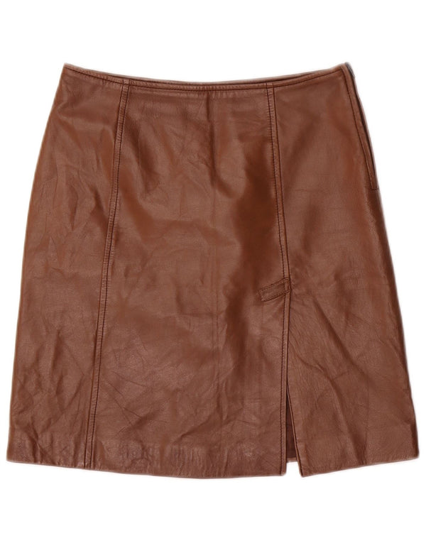 Saia de couro feminina vintage UK 6 XS W26 marrom