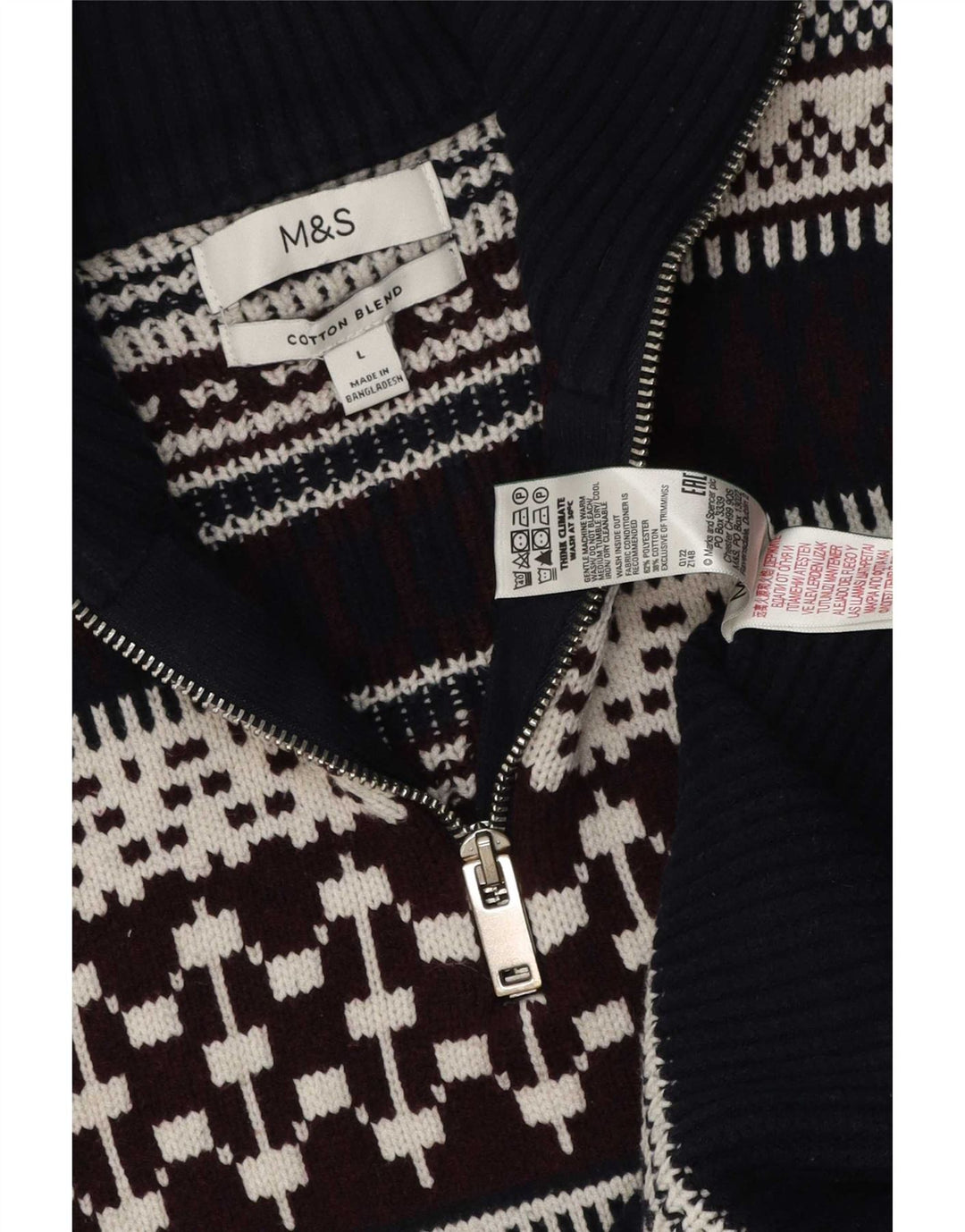 Suéter masculino Marks & Spencer com zíper e gola grande azul marinho Fair Isle