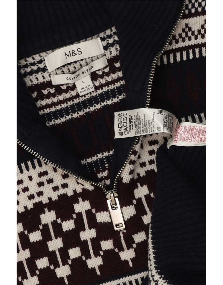 Suéter masculino Marks & Spencer com zíper e gola grande azul marinho Fair Isle