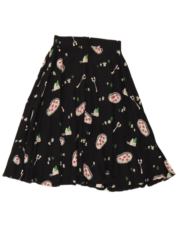 Saia larga feminina vintage W28 médio preto floral