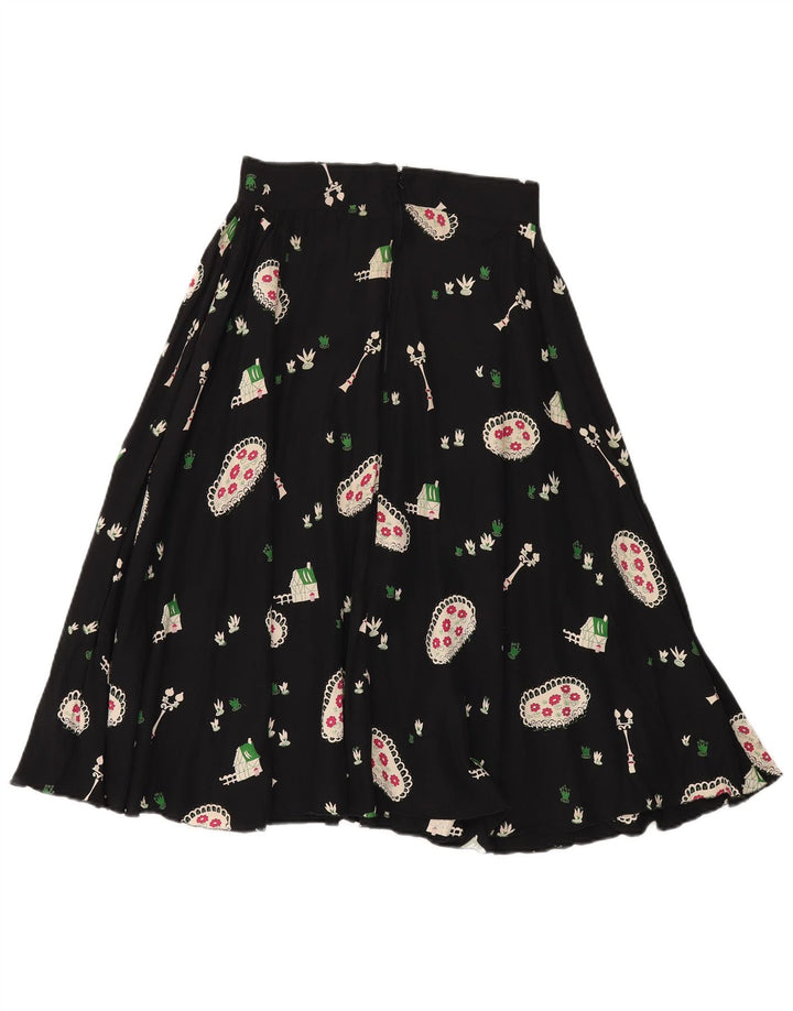 Saia larga feminina vintage W28 médio preto floral