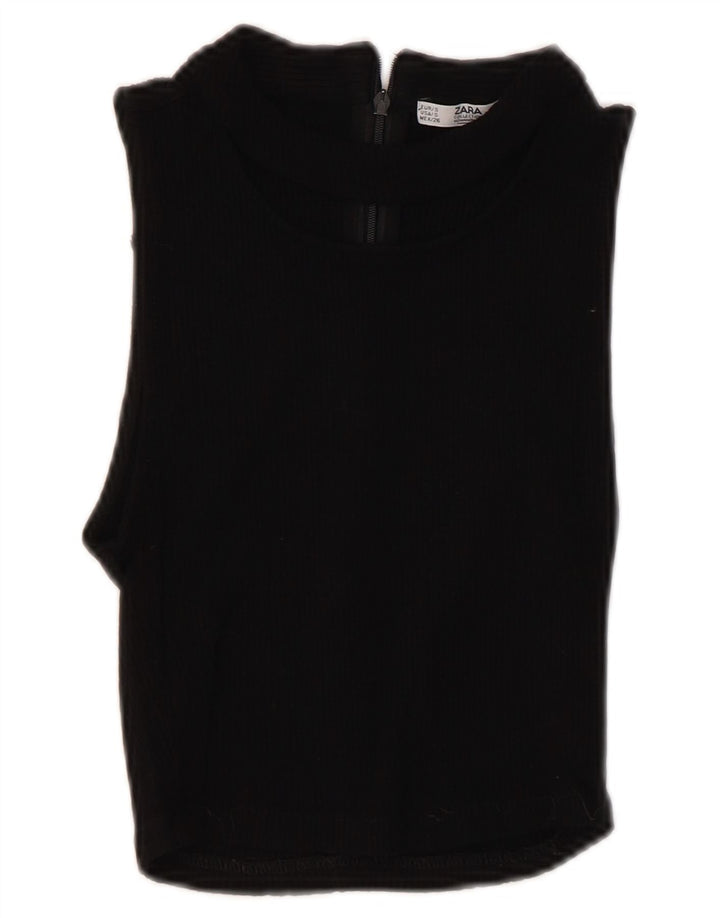 Zara Top curto sem mangas feminino UK 8 pequeno preto viscose