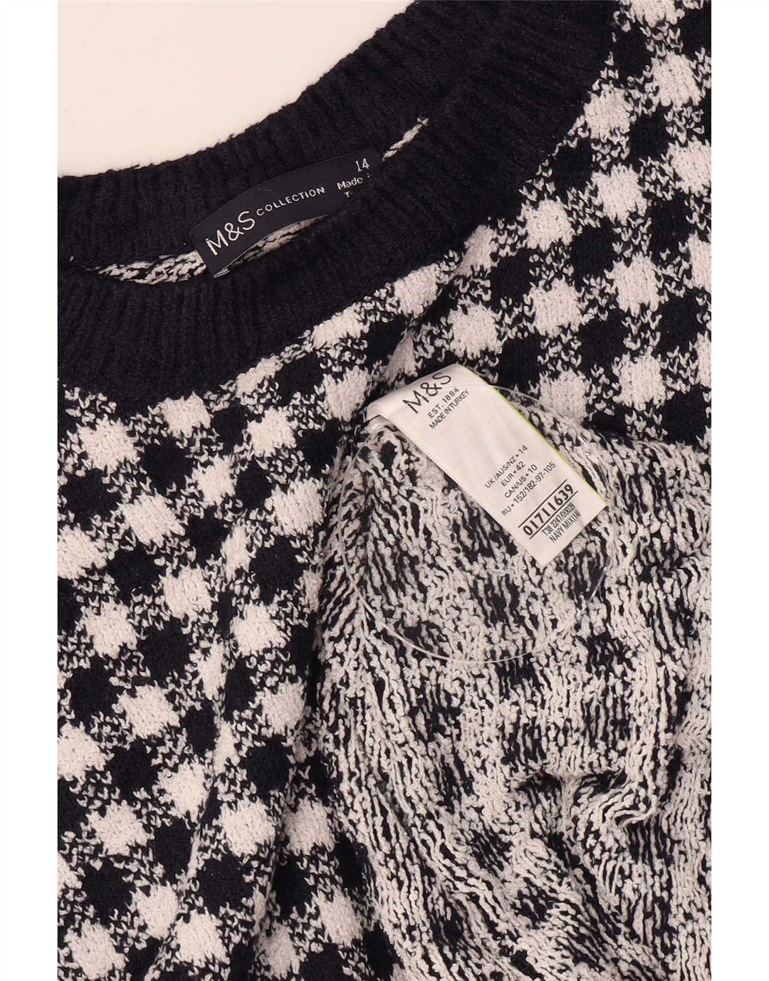 Blusa feminina Marks & Spencer Top Reino Unido 14 grande Houndstooth azul marinho