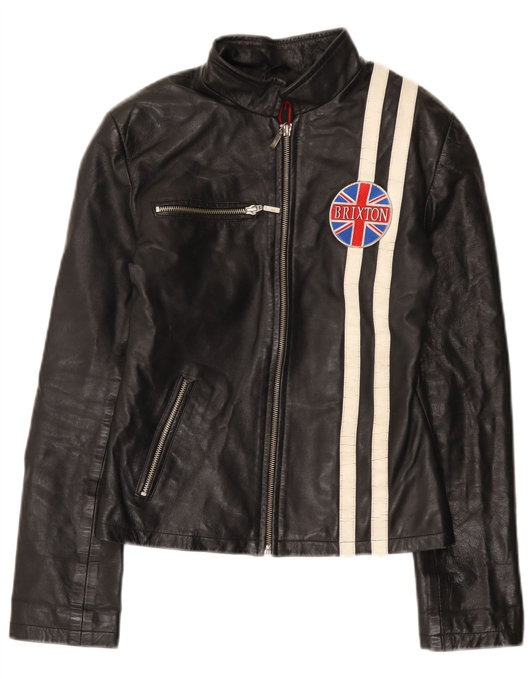 Jaqueta de couro feminina BRIXTON UK 10 pequena couro preto colorblock