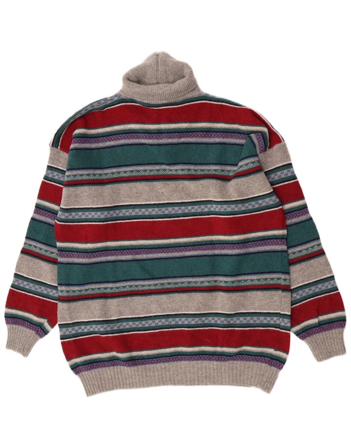 Suéter masculino vintage com gola e zíper, grande lã de carneiro listrada multicolorida