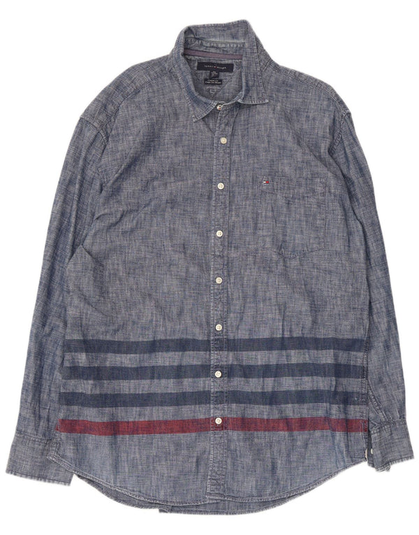 Camisa masculina Tommy Hilfiger Custom Fit tamanho 18 1/2 2XL azul marinho listrado