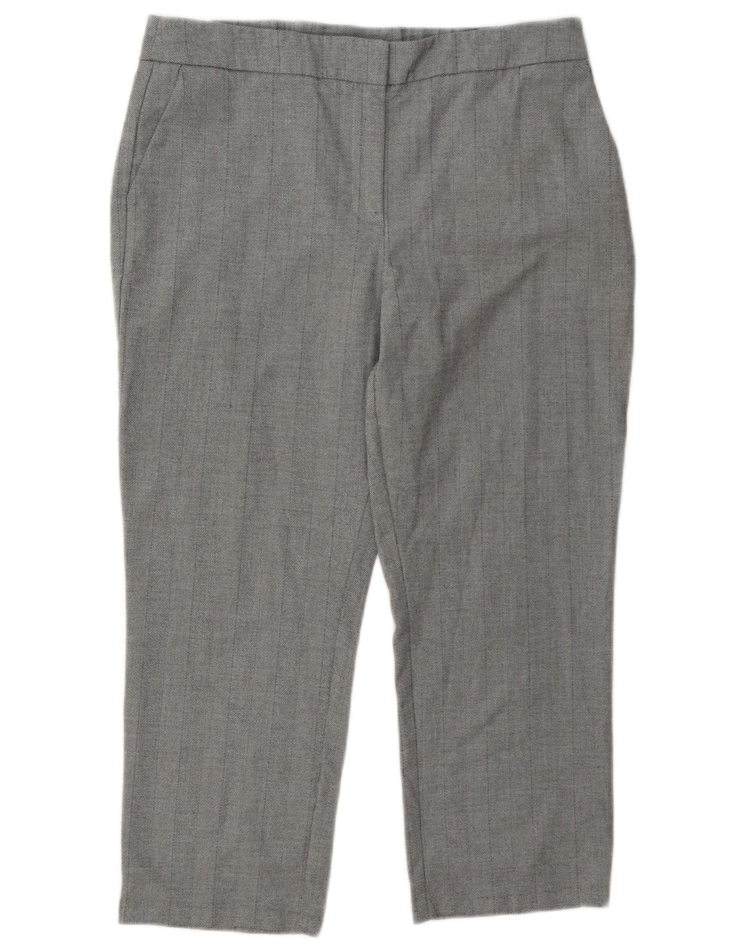 Calças cortadas femininas Marks & Spencer Reino Unido 14 grande W34 L24 poliéster cinza