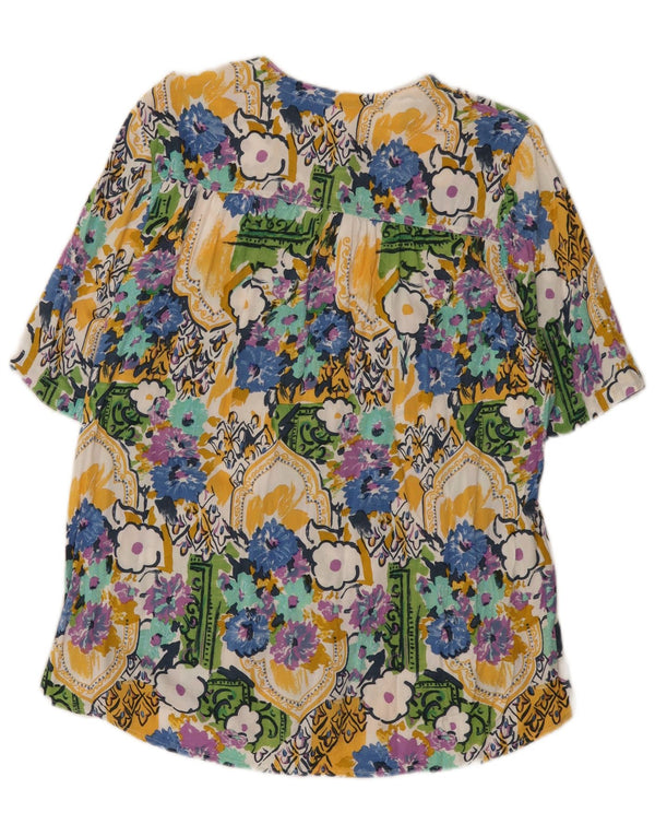 Blusa feminina vintage de manga curta UK 14 grande floral multicolorida