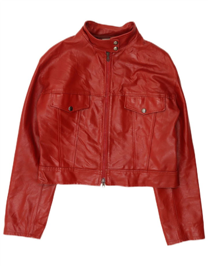 Jaqueta de couro vintage feminina UK 14 couro vermelho médio