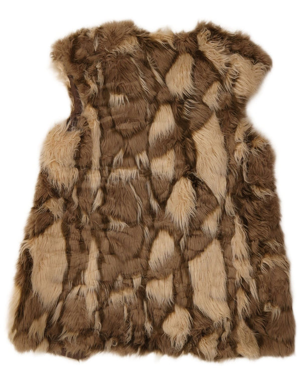 Zara Womens Open Faux Fur Gilet UK 12 Medium Beige Animal Print