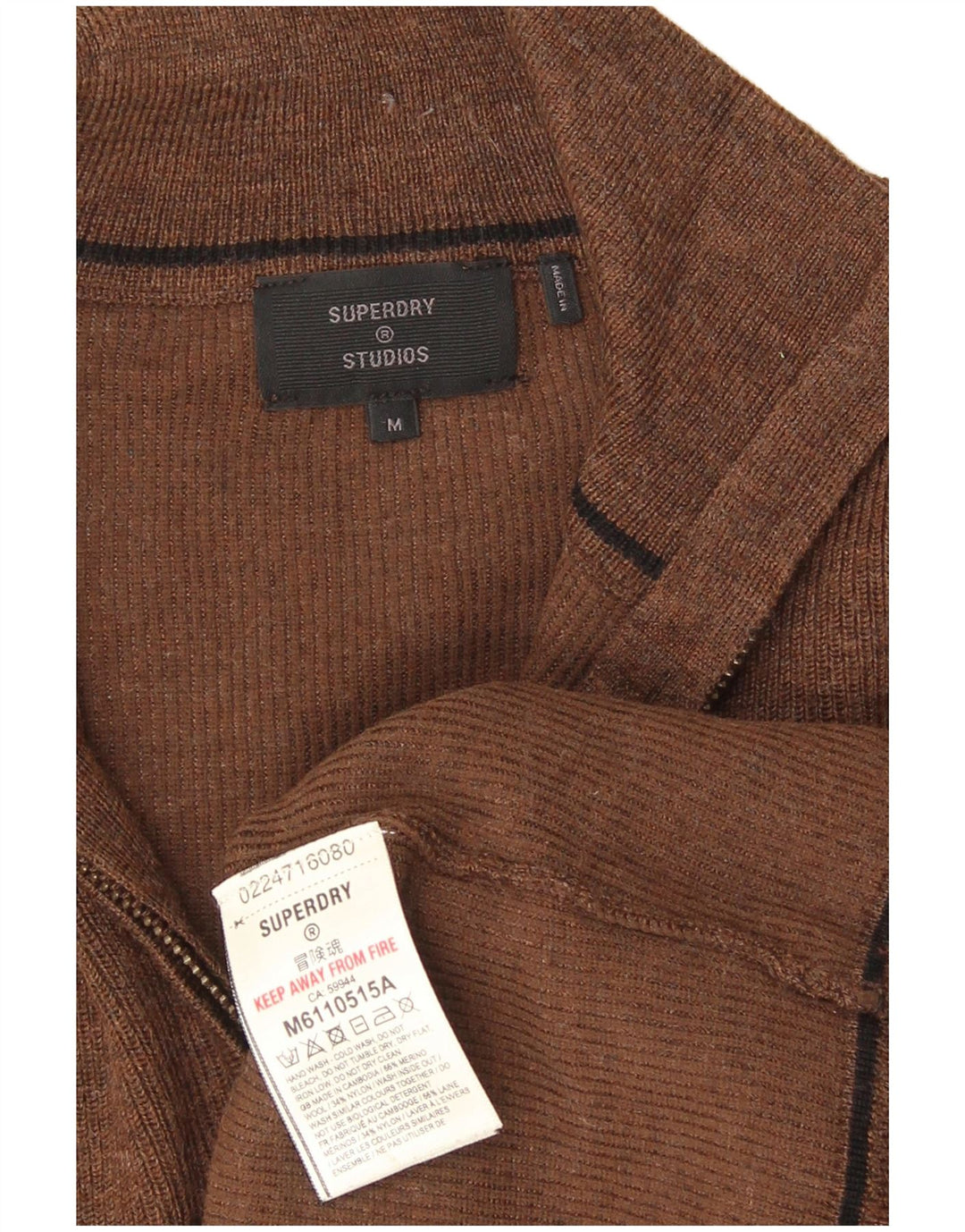 Suéter masculino Superdry com gola zip e lã merino marrom médio