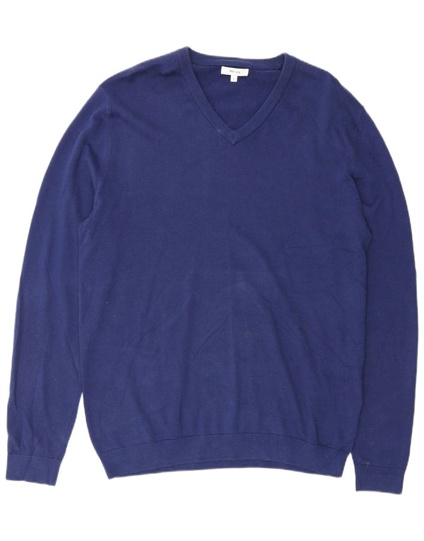 REISS Mens V-Neck Jumper Sweater Large Blue Cotton