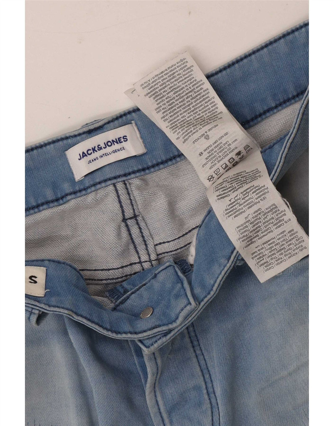 Shorts jeans masculino Jack & Jones desgastado pequeno W29 algodão azul