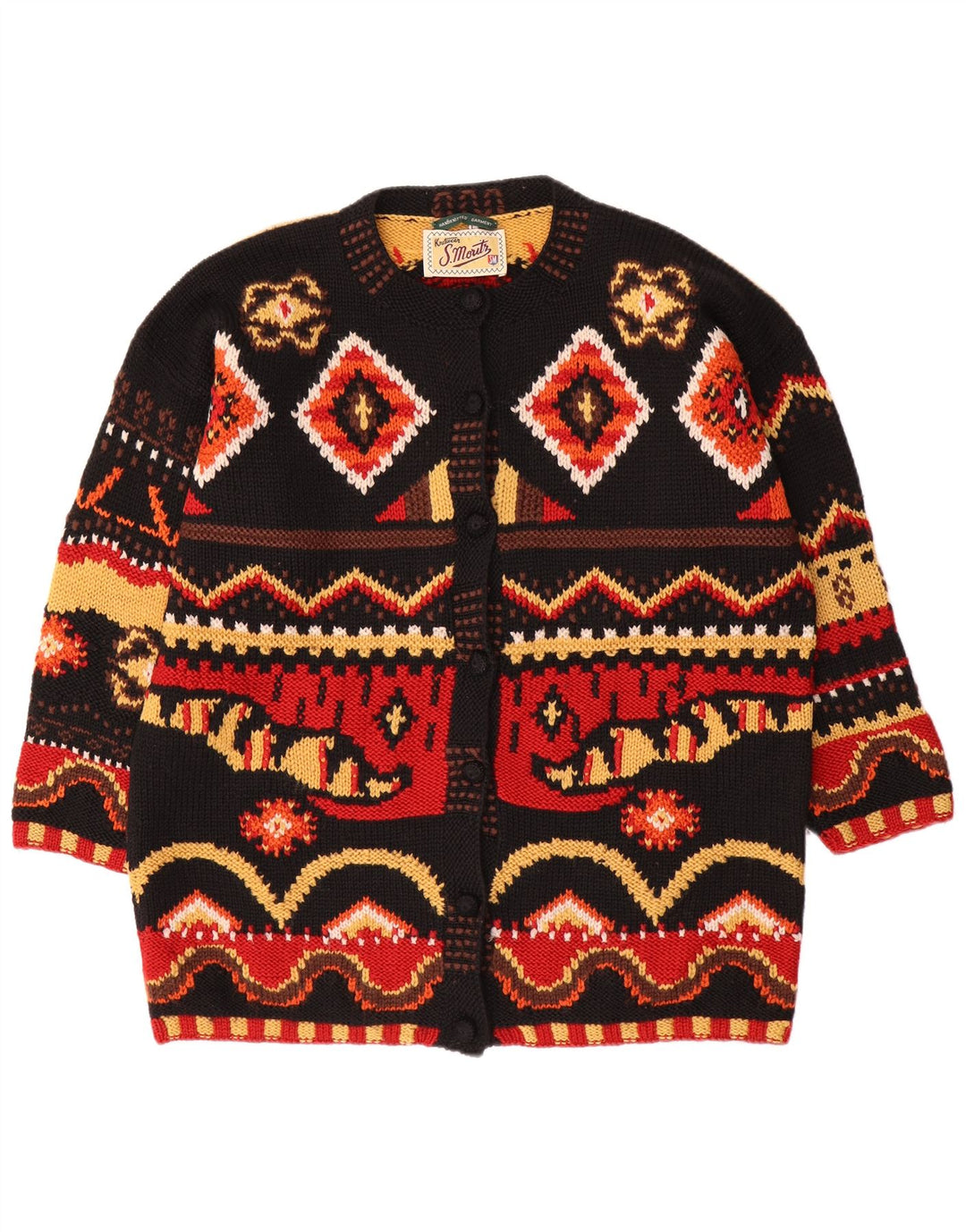 Suéter cardigã feminino S.MORITZ UK 16 grande multicolorido geométrico