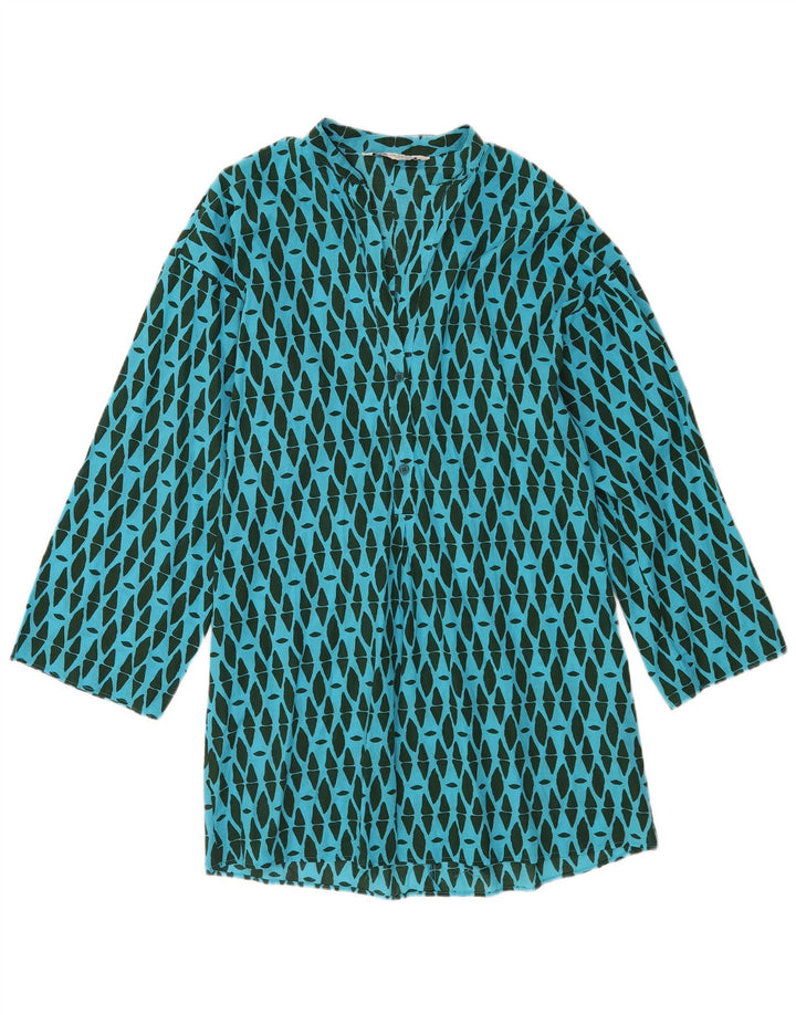 Vestido feminino Zara manga comprida mudança Reino Unido 14 algodão geométrico azul médio
