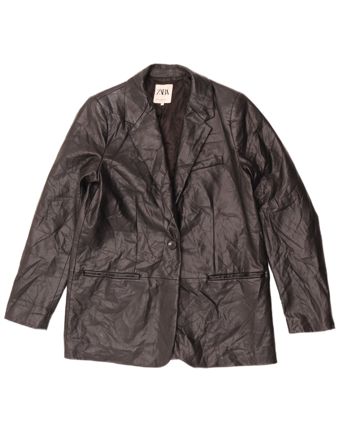 Jaqueta blazer feminina Zara com 1 botão de couro sintético Reino Unido 14 médio preto