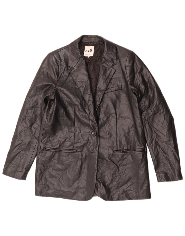 Jaqueta blazer feminina Zara com 1 botão de couro sintético Reino Unido 14 médio preto