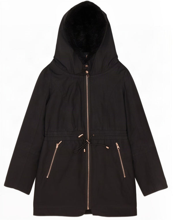 Jaqueta Parka de grandes dimensões com capuz feminina Ted Baker tamanho 2 poliéster preto pequeno