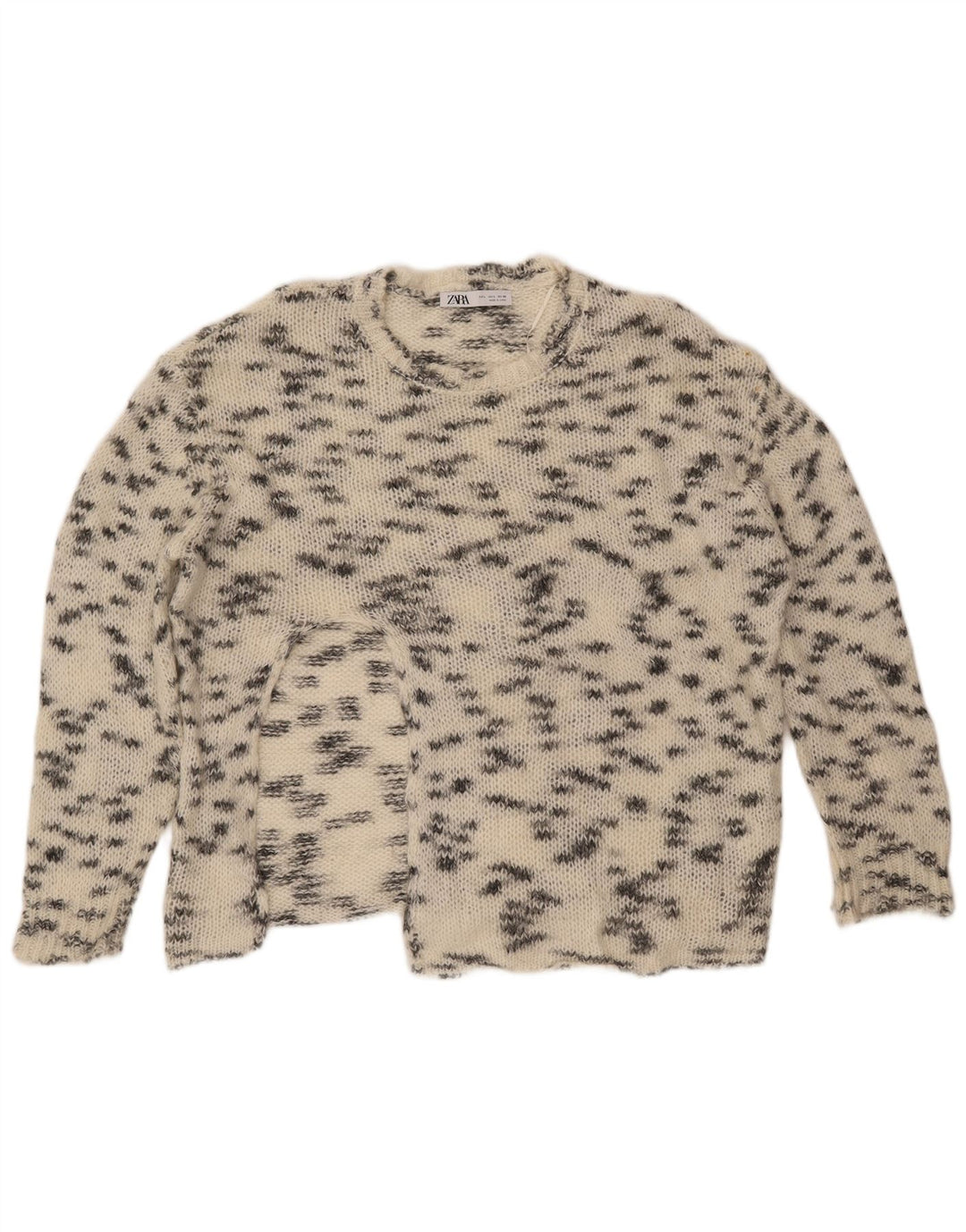 ZARA Suéter feminino com gola redonda, Reino Unido 16, grande, branco manchado