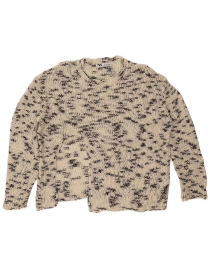 ZARA Suéter feminino com gola redonda, Reino Unido 16, grande, branco manchado