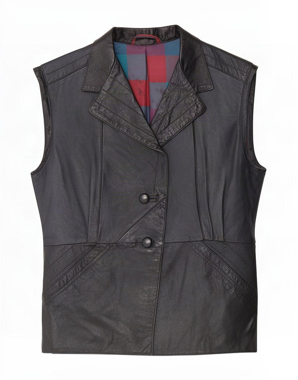 Colete de couro feminino vintage UK 14 médio preto