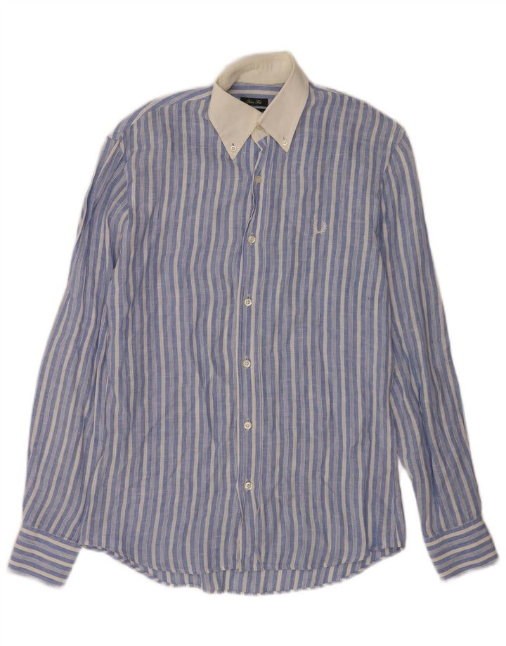 Camisa masculina Slim Fit Fred Perry pequena listrada azul de linho