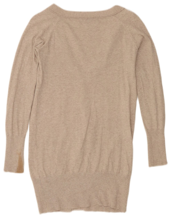 Suéter cardigã feminino Zara Longline Reino Unido 10 algodão manchado bege pequeno