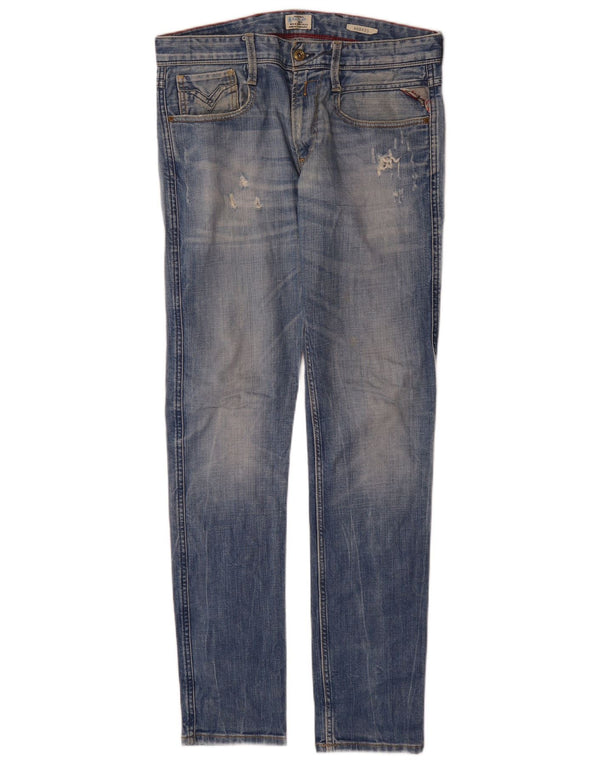 Replay Mens Anbass Distressed Slim Jeans W31 L34 Azul Algodão