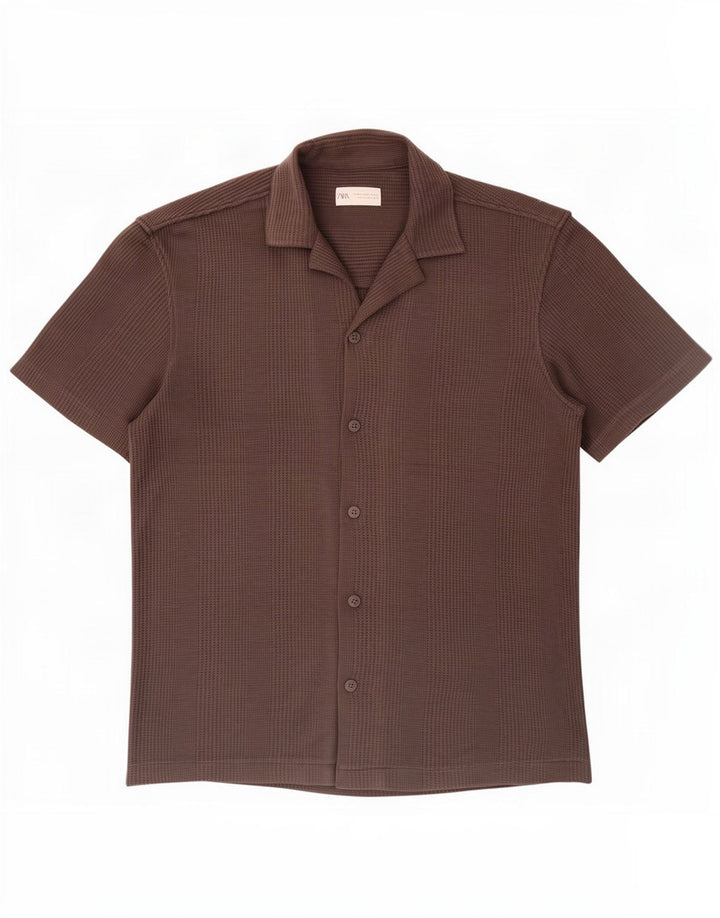 Zara Camisa masculina de manga curta marrom médio