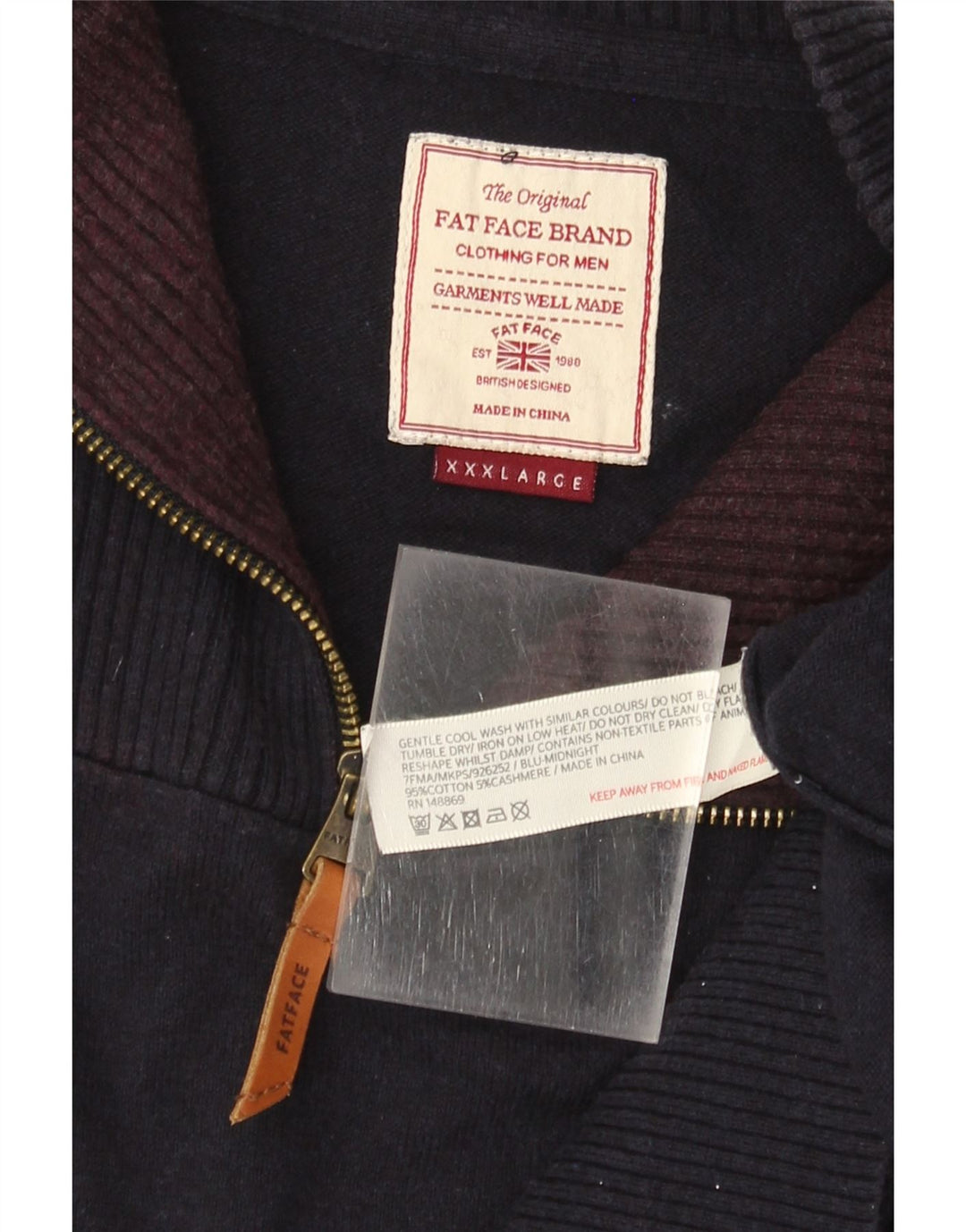 Suéter masculino FAT FACE com zíper e pescoço 3XL algodão azul marinho