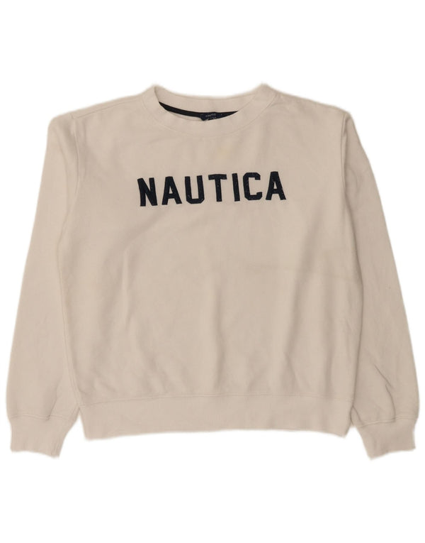 Nautica moletom feminino grande com estampa gráfica UK 10 pequeno algodão branco