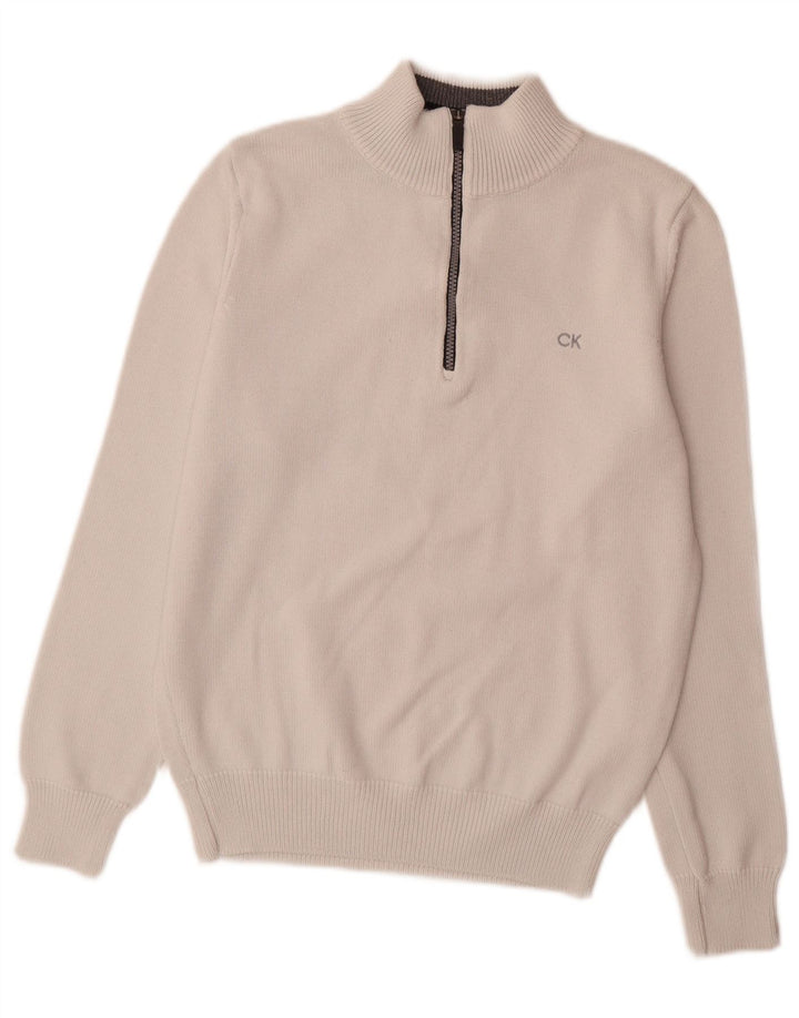 Suéter masculino Calvin Klein com zíper e gola pequena de algodão branco