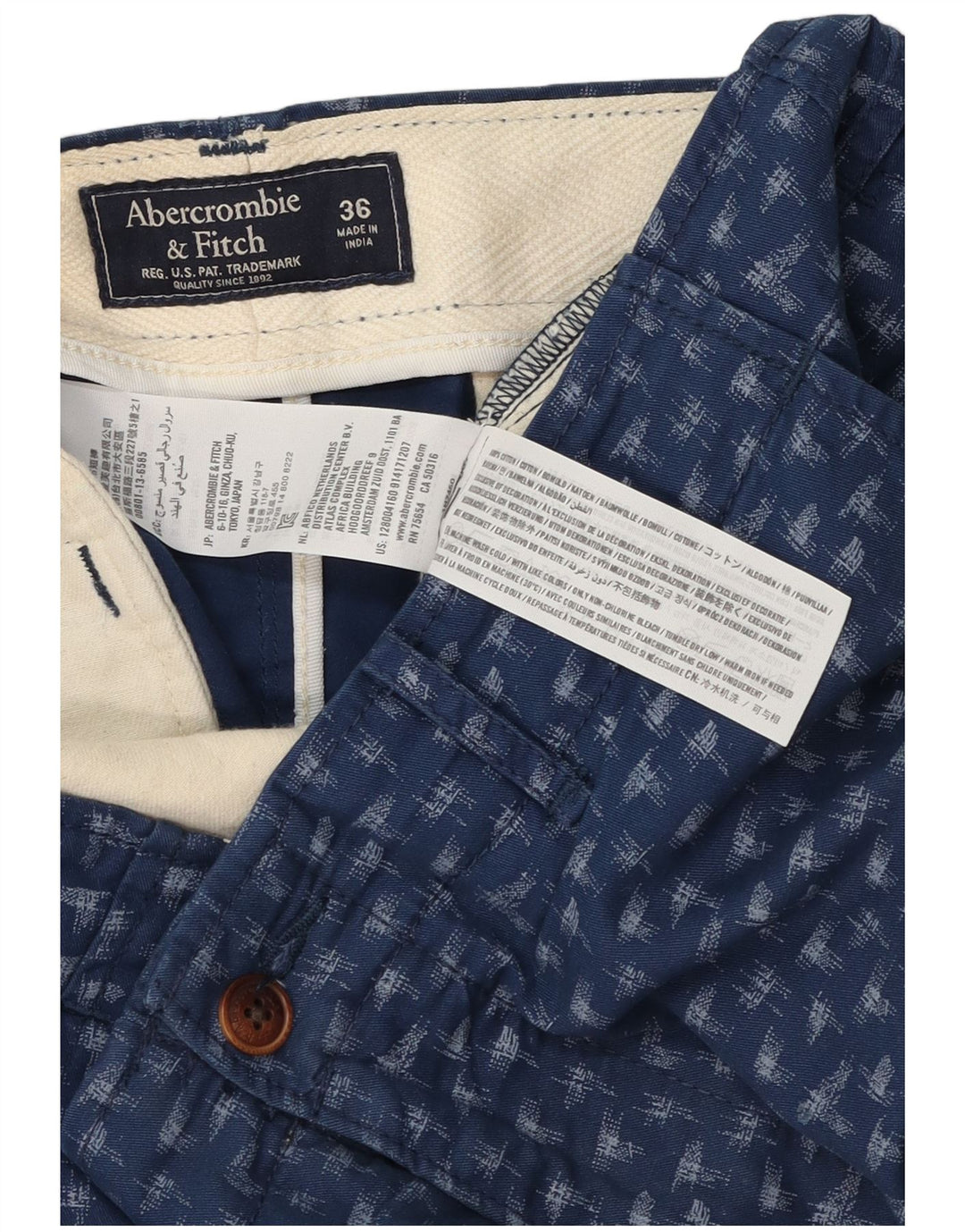 Shorts Chino masculino Abercrombie & Fitch com padrão abstrato W36 grande azul marinho