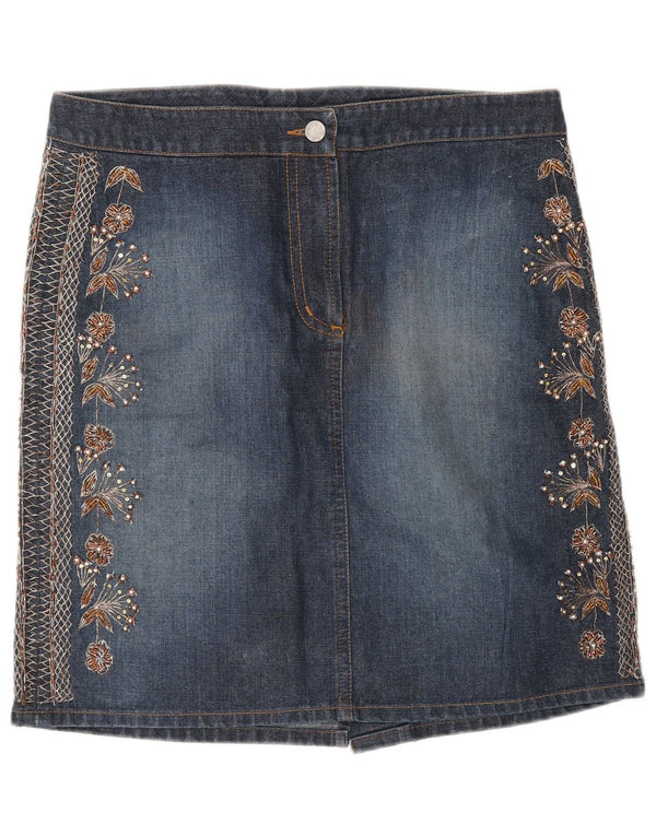 Saia jeans feminina Warehouse Reino Unido 12 médio W30 algodão floral azul