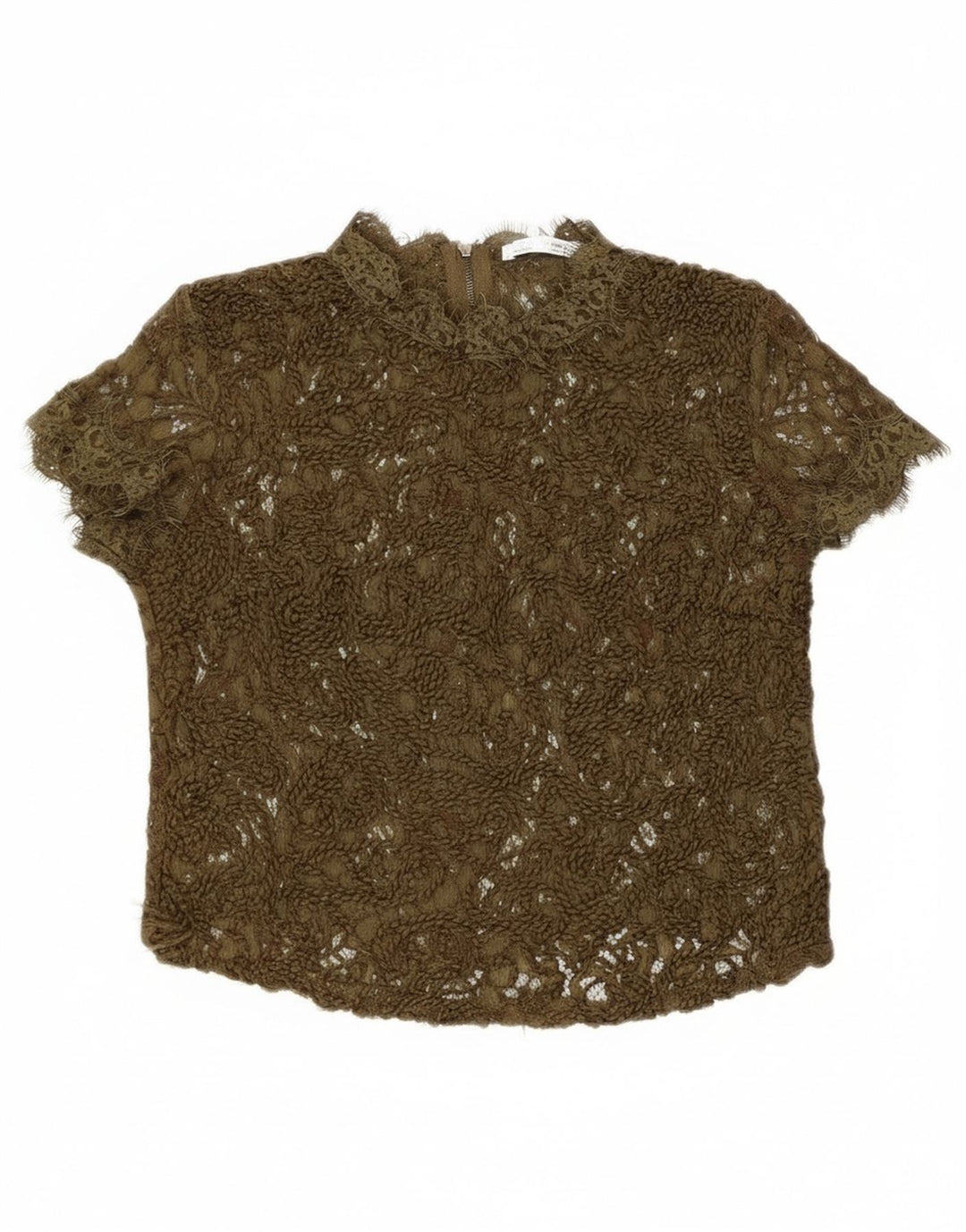 Blusa feminina Zara de renda transparente Reino Unido 8 pequena cáqui