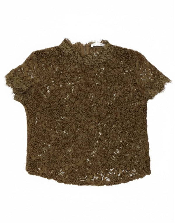 Blusa feminina Zara de renda transparente Reino Unido 8 pequena cáqui