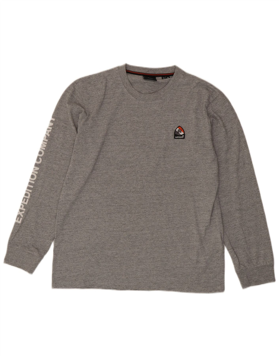 SUPERDRY Top gráfico masculino manga comprida algodão manchado cinza médio