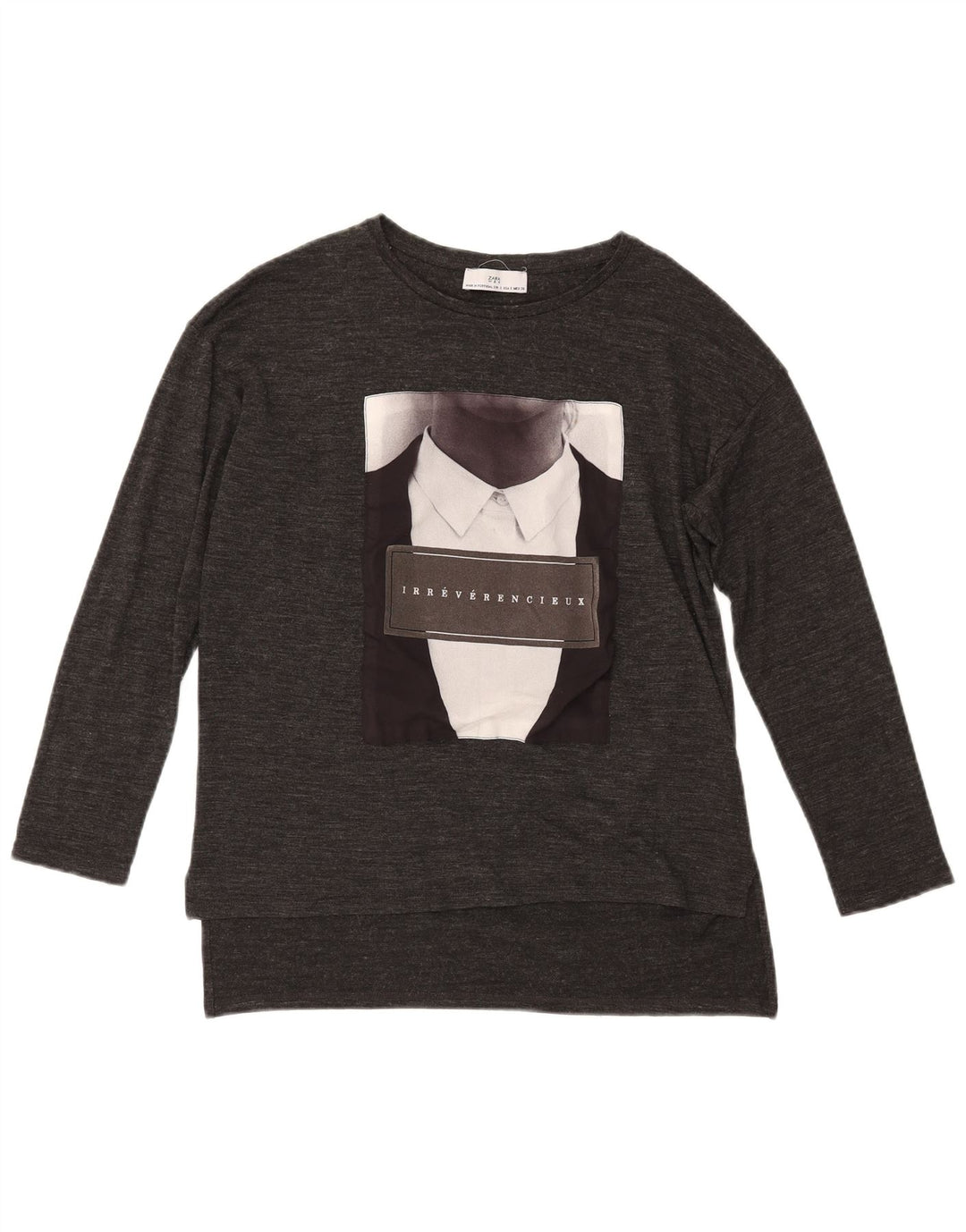 Zara Top gráfico feminino oversized manga comprida Reino Unido 10 pequeno cinza