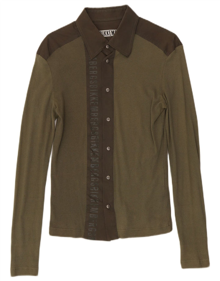 Camisa gráfica masculina Bikkembergs médio cáqui algodão colorblock
